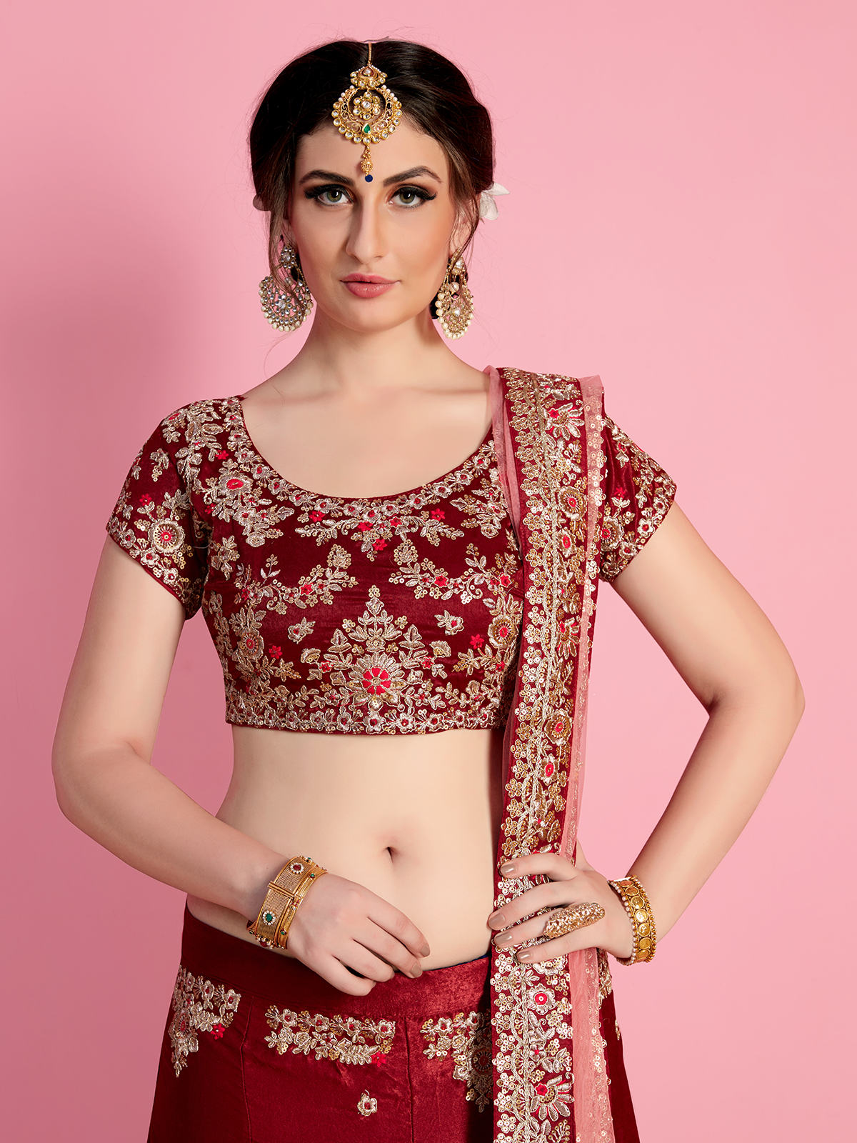 Odette Women Red Embroidered Velvet Silk Semi Stitched Lehenga With Unstitched Blouse