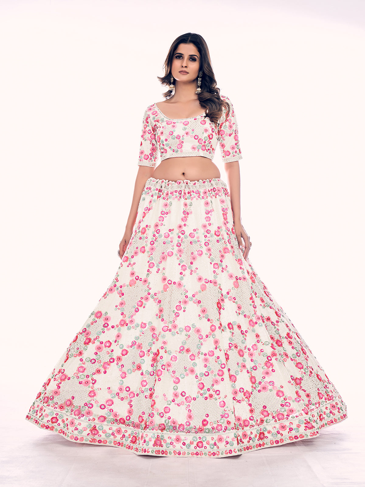 Odette White Embroidered Soft Net Semi Stitched Lehenga With Blouse For Women