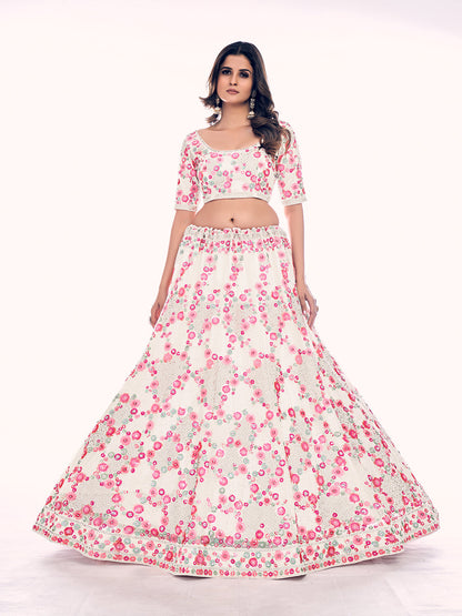 Odette White Embroidered Soft Net Semi Stitched Lehenga With Blouse For Women