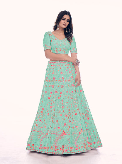 Odette Sea Green Embroidered Soft Net Semi Stitched Lehenga With Blouse For Women