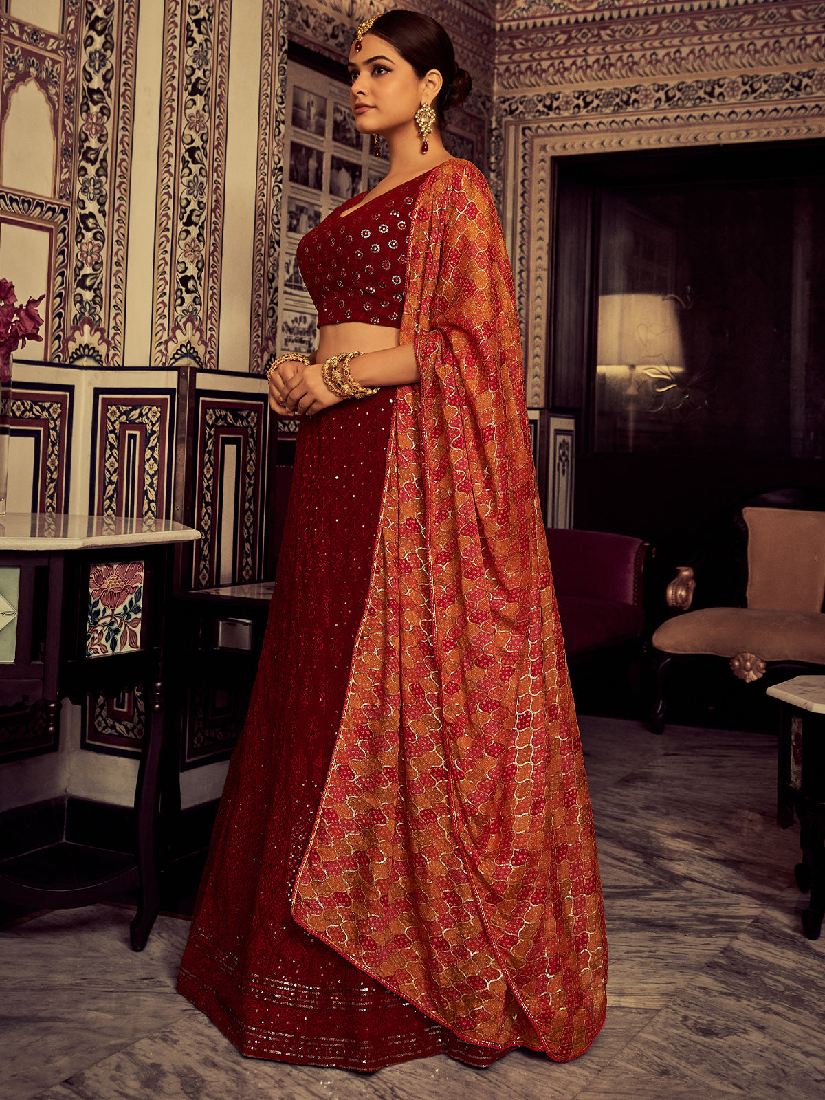 Odette Women Stylish Maroon Embroidered Georgette Semi Stitched Lehenga With Blouse Piece