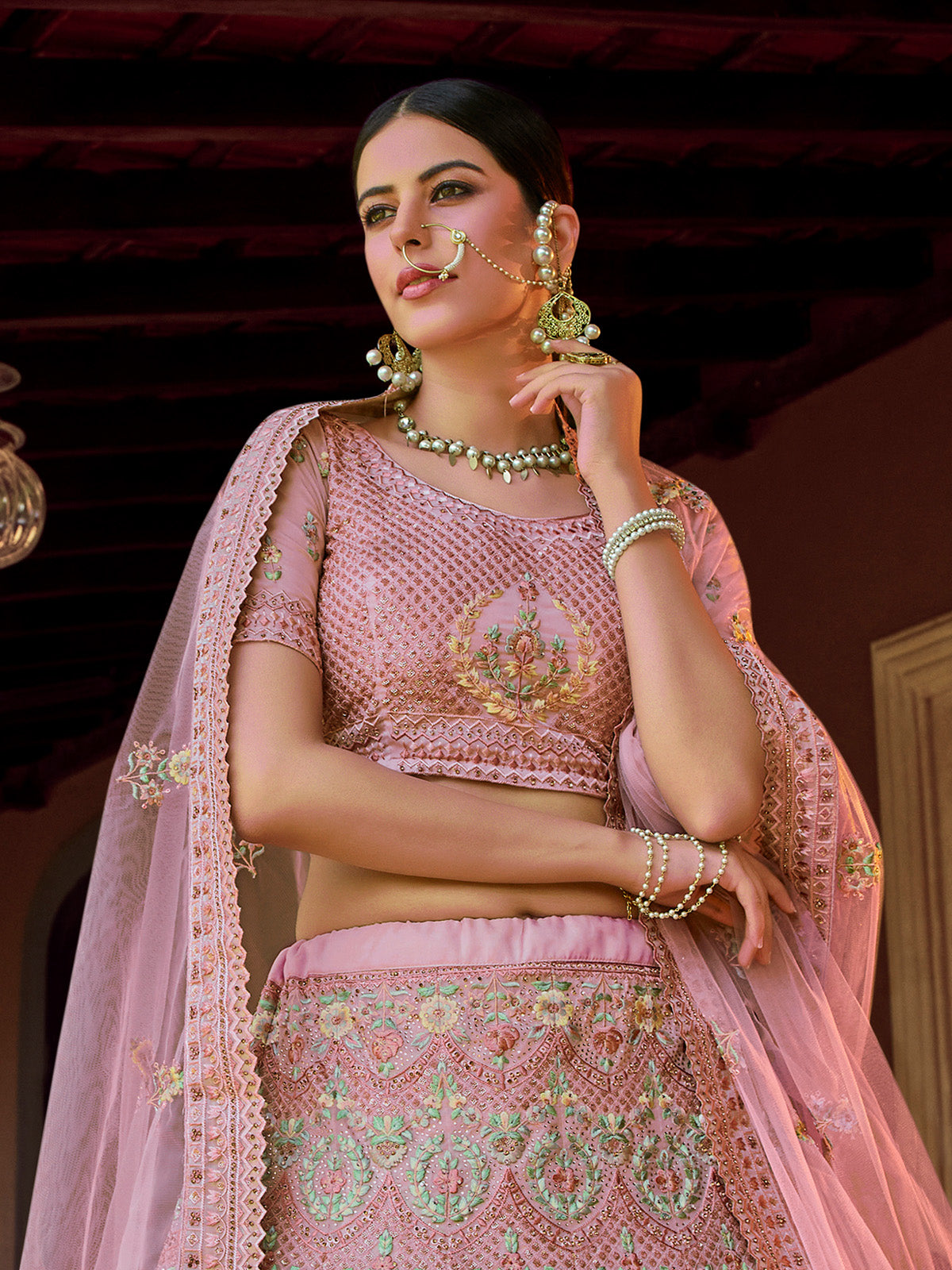 Odette Pink Embroidered Georgette Semi Stitched Lehenga With Blouse For Women