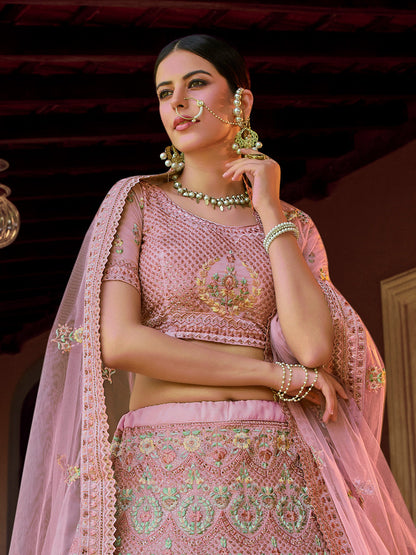 Odette Pink Embroidered Georgette Semi Stitched Lehenga With Blouse For Women