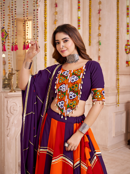 Odette Multicolor Viscose Cotton Embroidered Semi-Stitched Lehenga Choli For Women