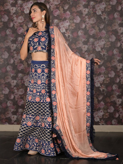 Odette Dark Blue Zari Embroidered Silk Blend Semi-Stitched Lehenga with Stitched Blouse for Women