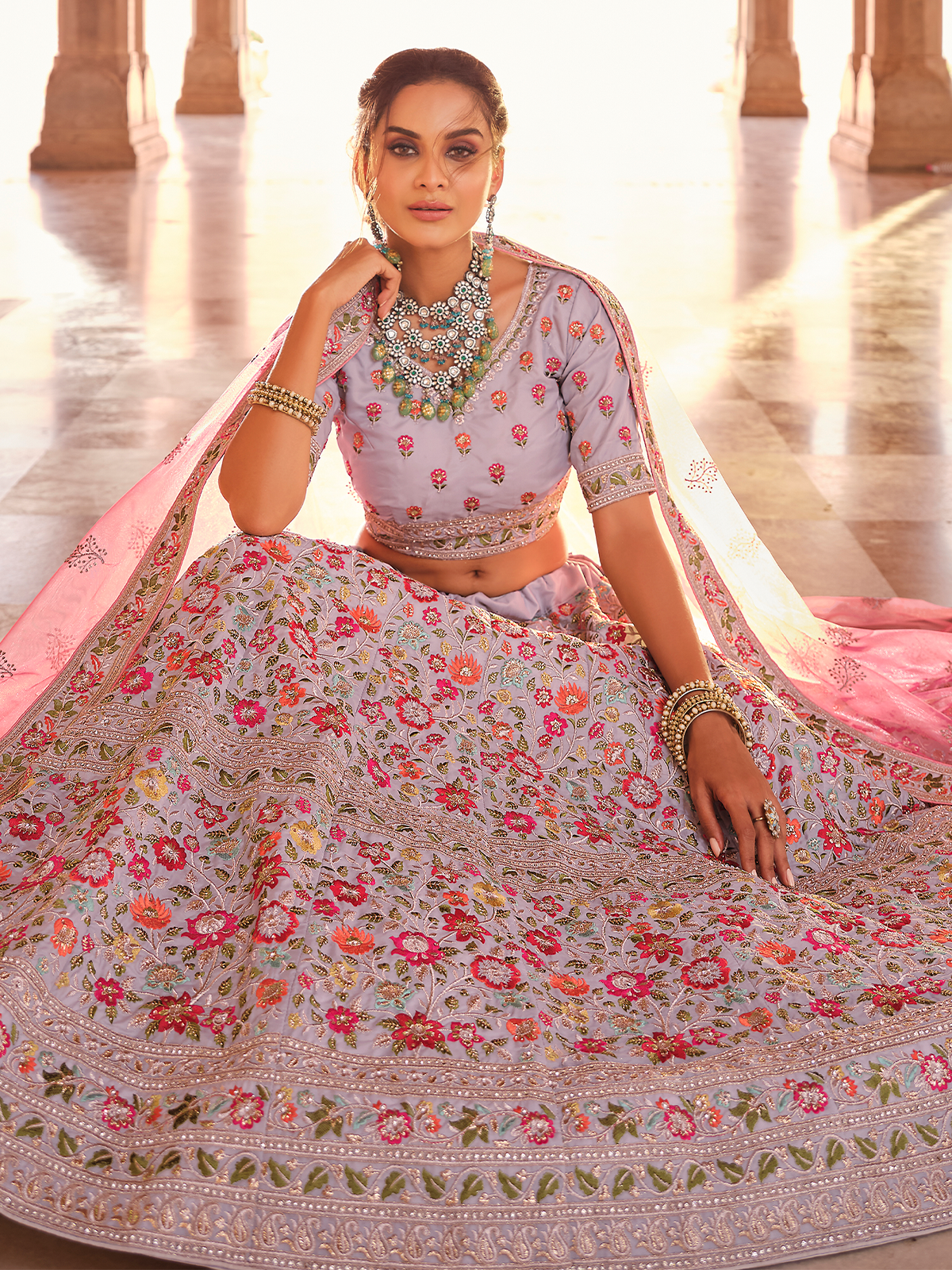 Odette Women Grey Embroidered Crepe Semi Stitched Lehenga With Unstitched Blouse