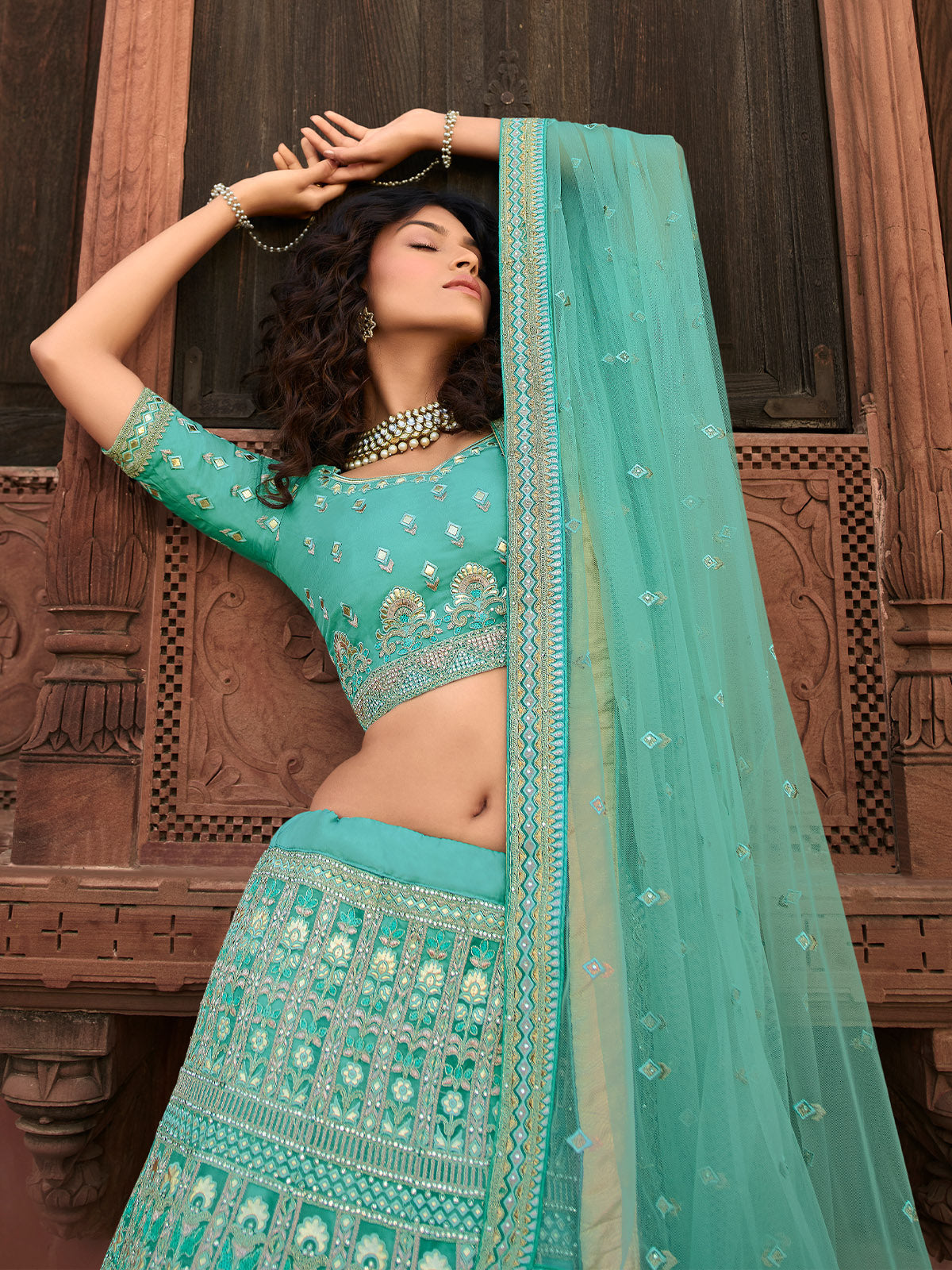 Odette Sea Green Embroidered Organza Semi Stitched Lehenga With Blouse For Women