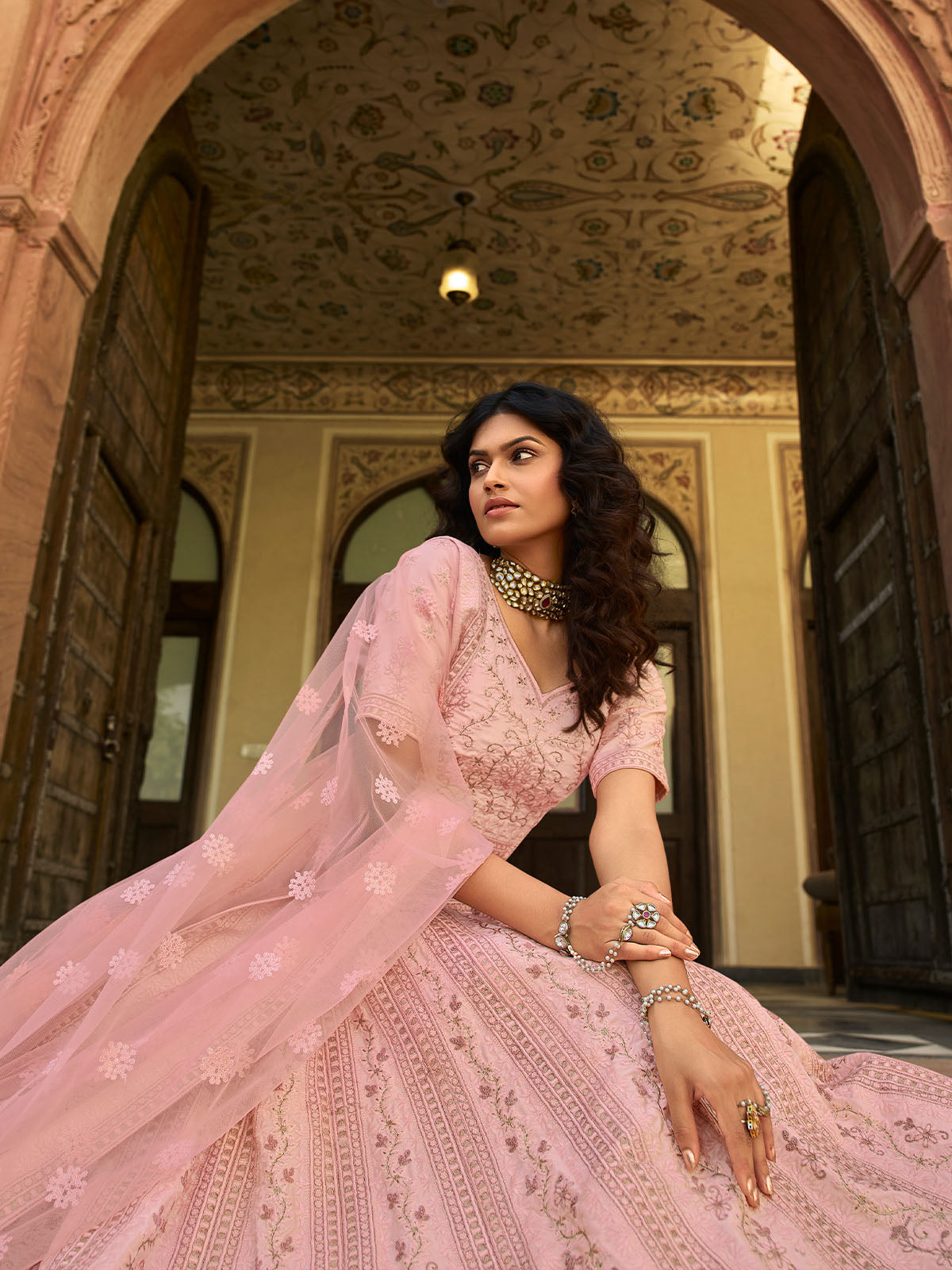 Odette Pink Embroidered Organza Semi Stitched Lehenga With Blouse For Women