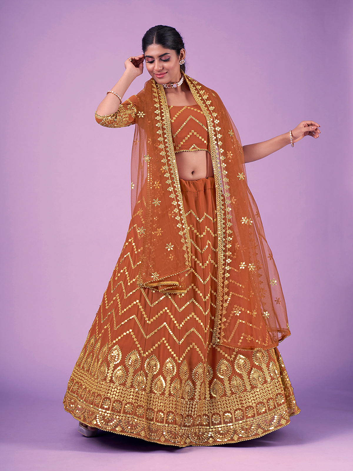 Odette Rust Embroidered Georgette Semi Stitched Lehenga With Blouse For Women