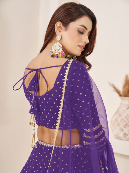 Odette Violet Georgette Embellished Semi Stitched Lehenga With Unstitched Blouse For Women