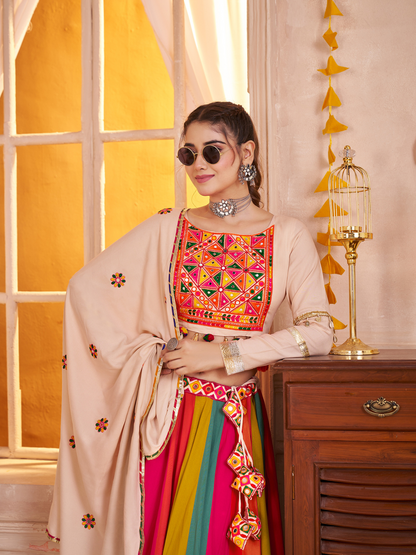 Odette Multicolor Viscose Cotton Embroidered Semi-Stitched Lehenga Choli For Women
