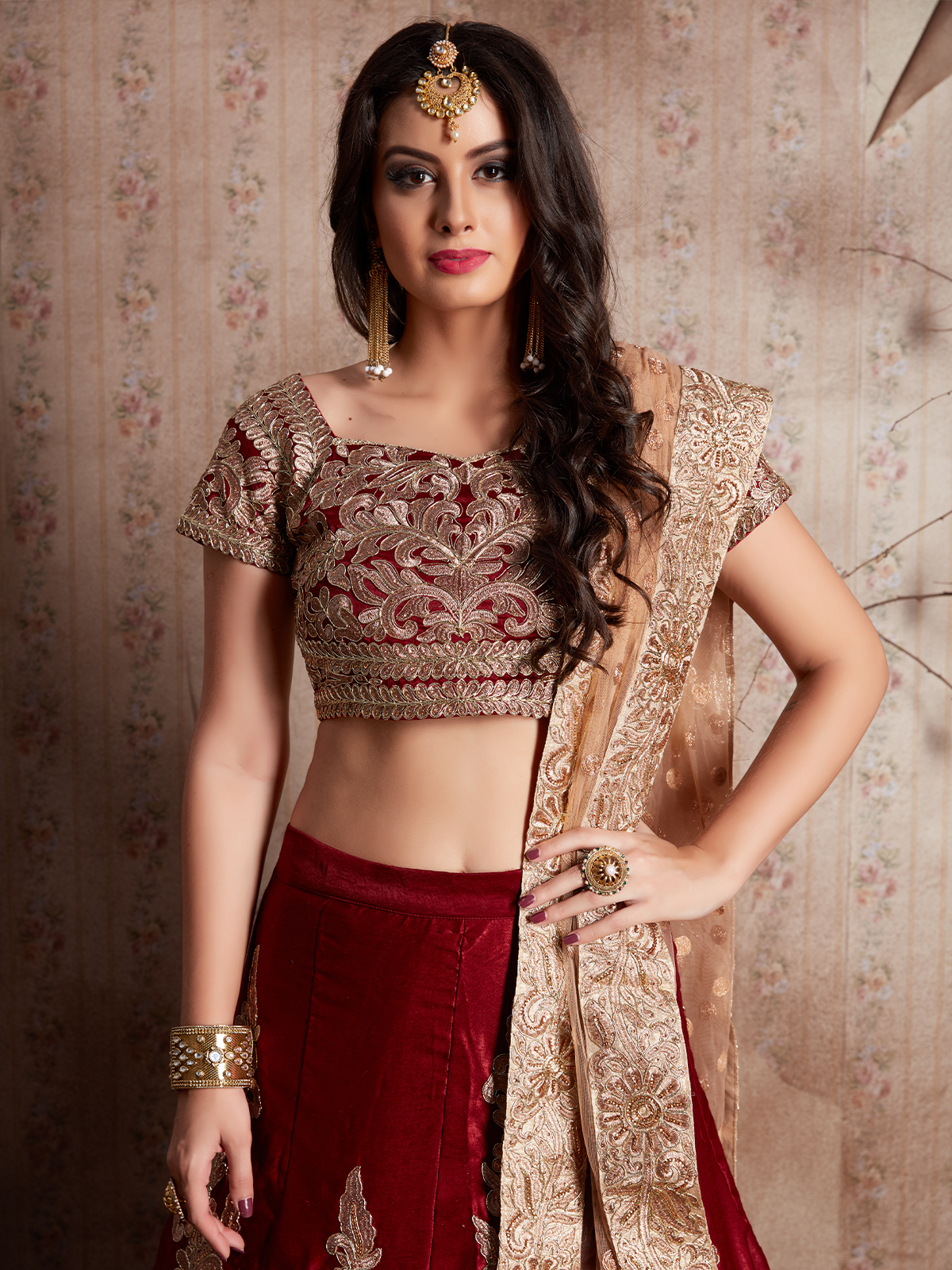 Odette Women Maroon Embroidered Semi Stitched Lehenga With Unstitched Blouse