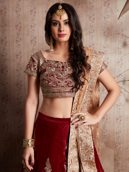 Odette Women Maroon Embroidered Semi Stitched Lehenga With Unstitched Blouse