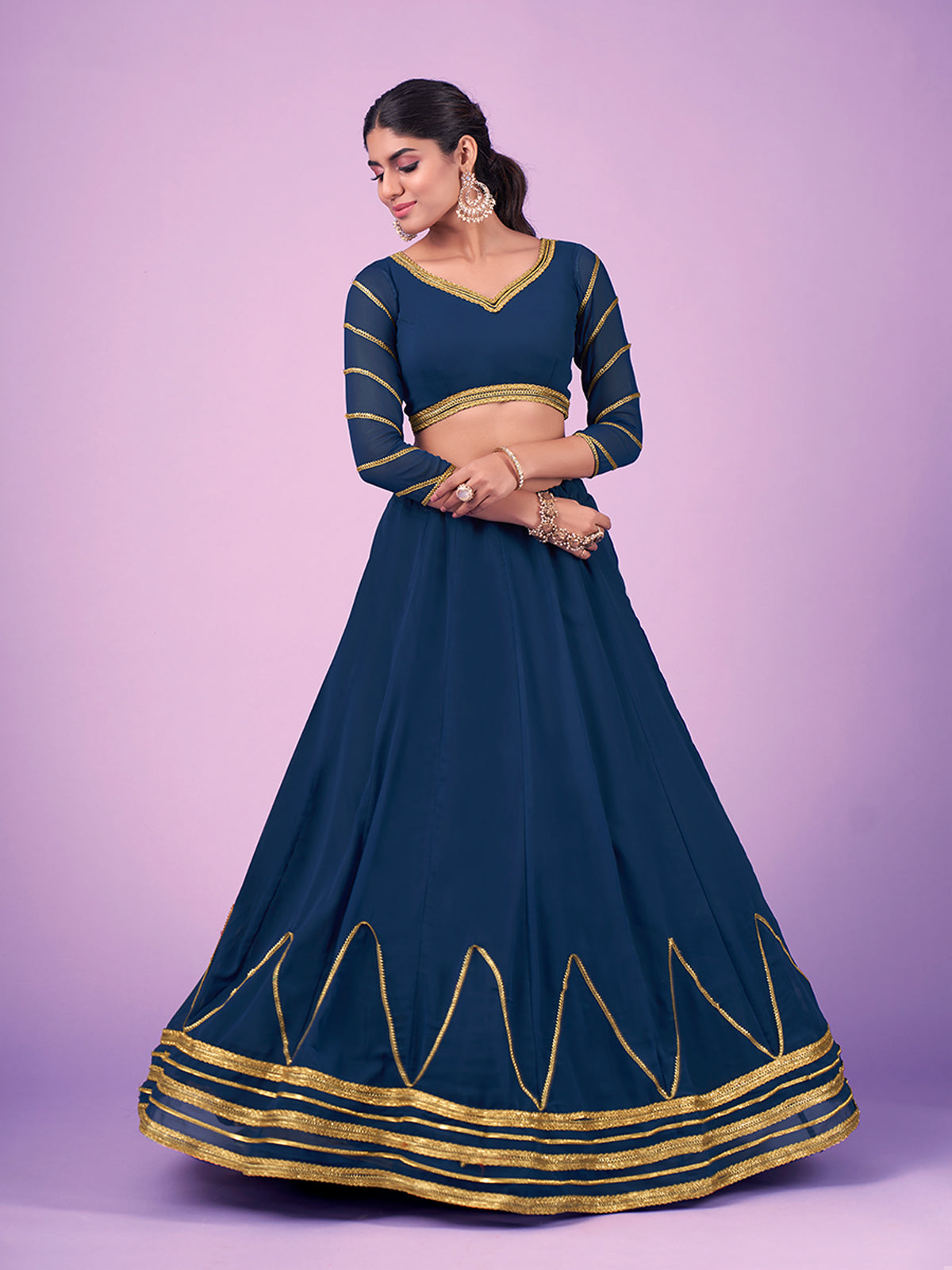 Odette Navy Blue Embellished Georgette Semi Stitched Lehenga With Blouse For Women