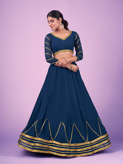 Odette Navy Blue Embellished Georgette Semi Stitched Lehenga With Blouse For Women