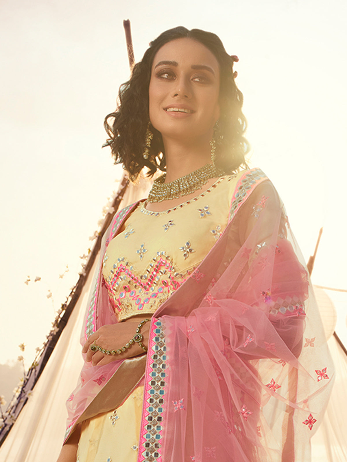 Odette Beige Embroidered Organza Semi Stitched Lehenga With Blouse For Women