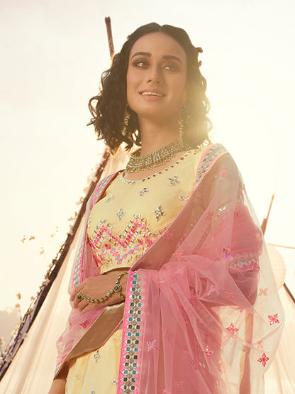 Odette Beige Embroidered Organza Semi Stitched Lehenga With Blouse For Women