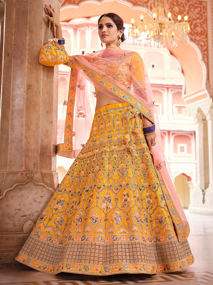 Odette Women Mustard Swarovski Embroidered Crepe Semi Stitched Lehenga With Unstitched Blouse