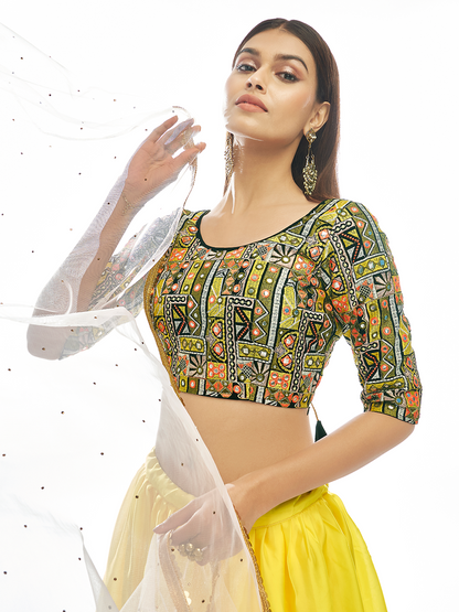 Odette Women Multicolored Embroidered Velvet Semi Stitched Lehenga With Unstitched Blouse