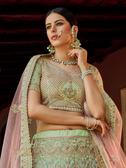 Odette Olive Embroidered Georgette Semi Stitched Lehenga With Blouse For Women
