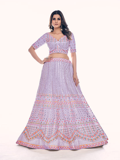 Odette Lavender Embroidered Soft Net Semi Stitched Lehenga With Blouse For Women