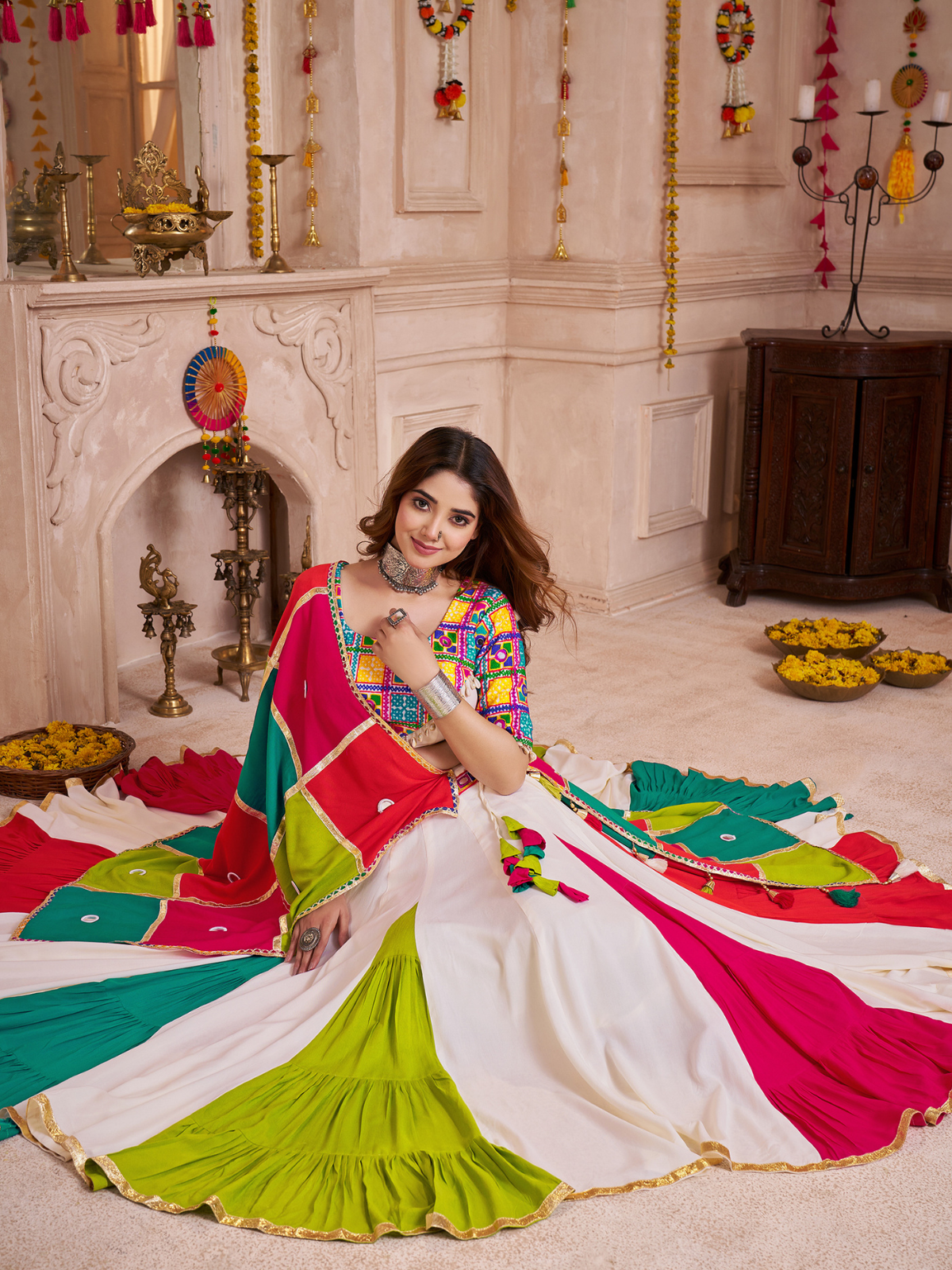 Odette Multicolor Viscose Cotton Embroidered Semi-Stitched Lehenga Choli For Women