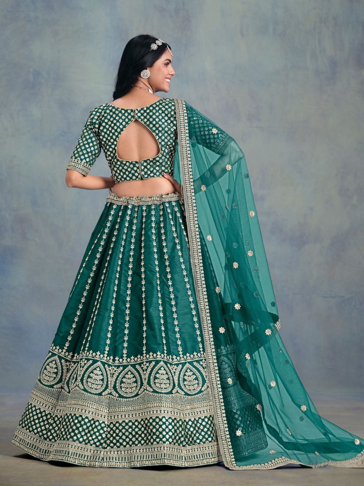 Odette Teal Green Art Silk Embellished Semi-Stitched lehenga For Women