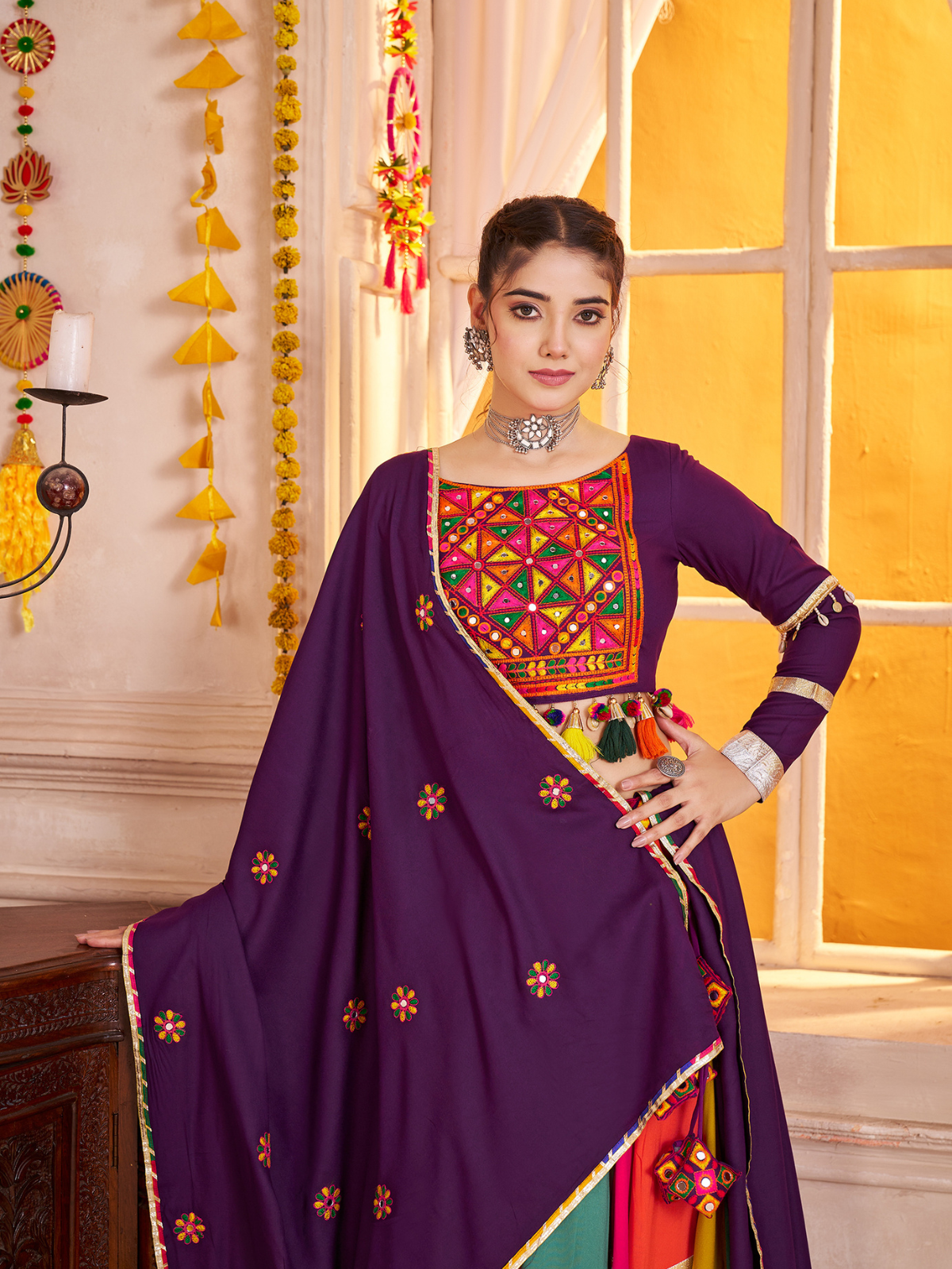 Odette Multicolor Viscose Cotton Embroidered Semi-Stitched Lehenga Choli For Women