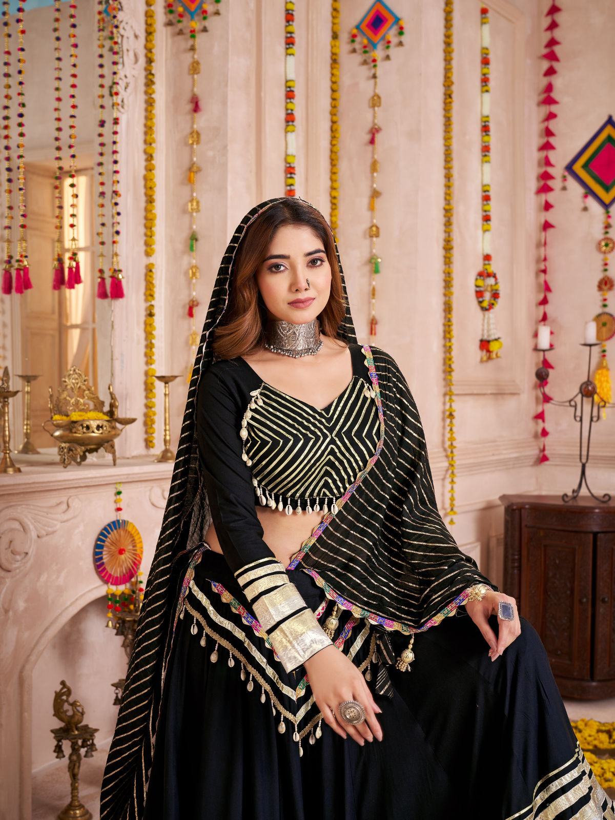 Odette Black Viscose Cotton Embroidered Semi-Stitched Lehenga Choli For Women