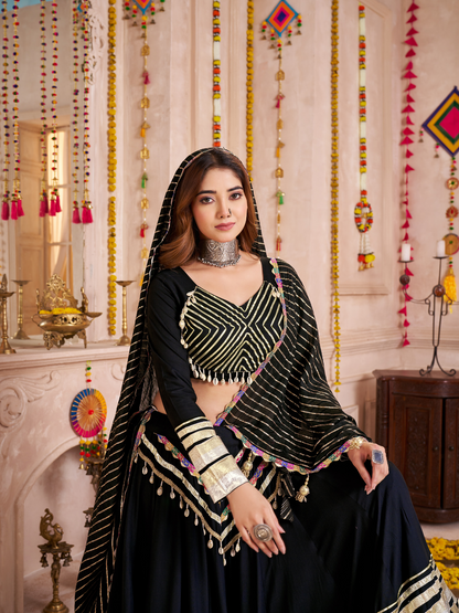 Odette Black Viscose Cotton Embroidered Semi-Stitched Lehenga Choli For Women