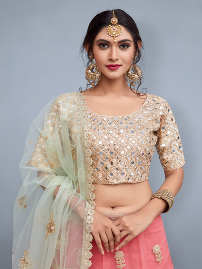 Odette Women Pink Embroidered Art Silk Semi Stitched Lehenga With Unstitched Blouse