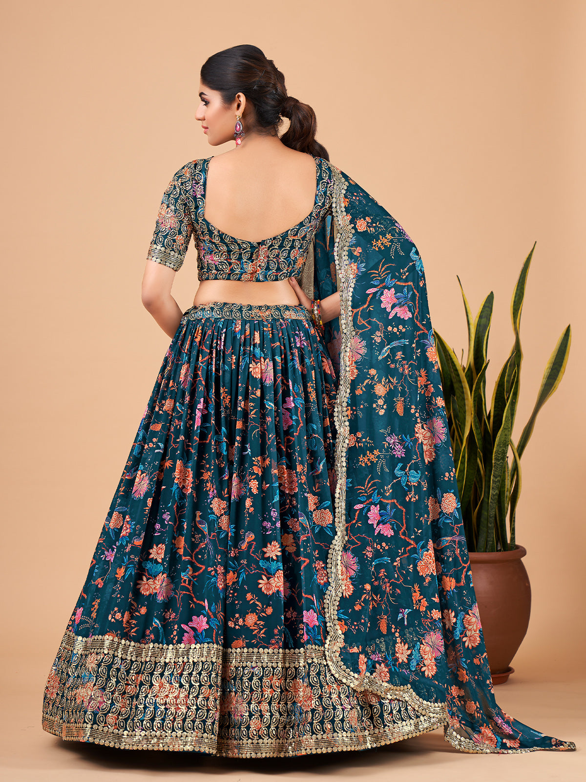 Odette Women Teal Printed And Embroidered Semi Stitched Lehenga With  Unstitched Blouse