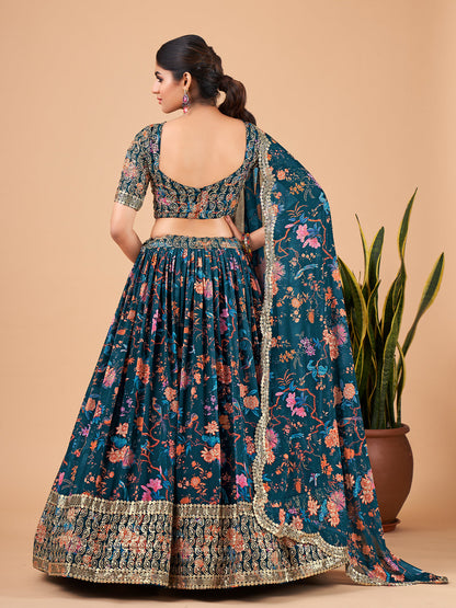 Odette Women Teal Printed And Embroidered Semi Stitched Lehenga With  Unstitched Blouse