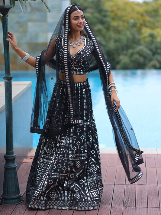 Odette Black Silk Blend Semi Stitched Lehenga With Unstitched Blouse For Women