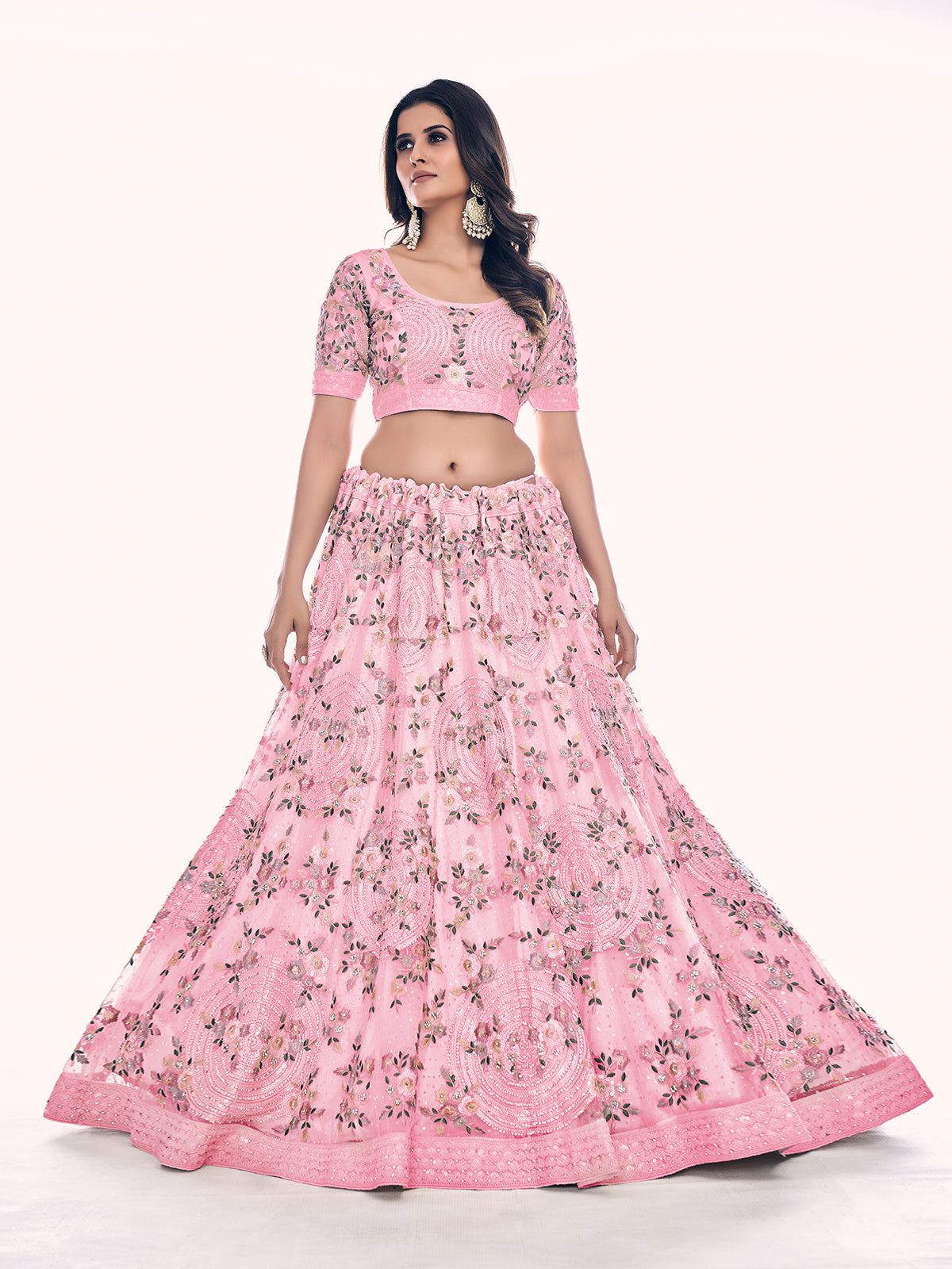 Odette Pink Embroidered Soft Net Semi Stitched Lehenga With Blouse For Women