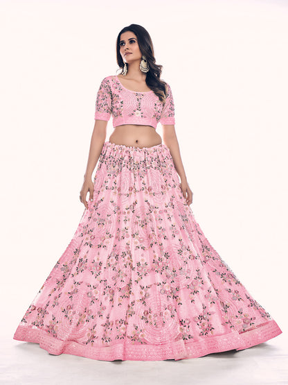 Odette Pink Embroidered Soft Net Semi Stitched Lehenga With Blouse For Women
