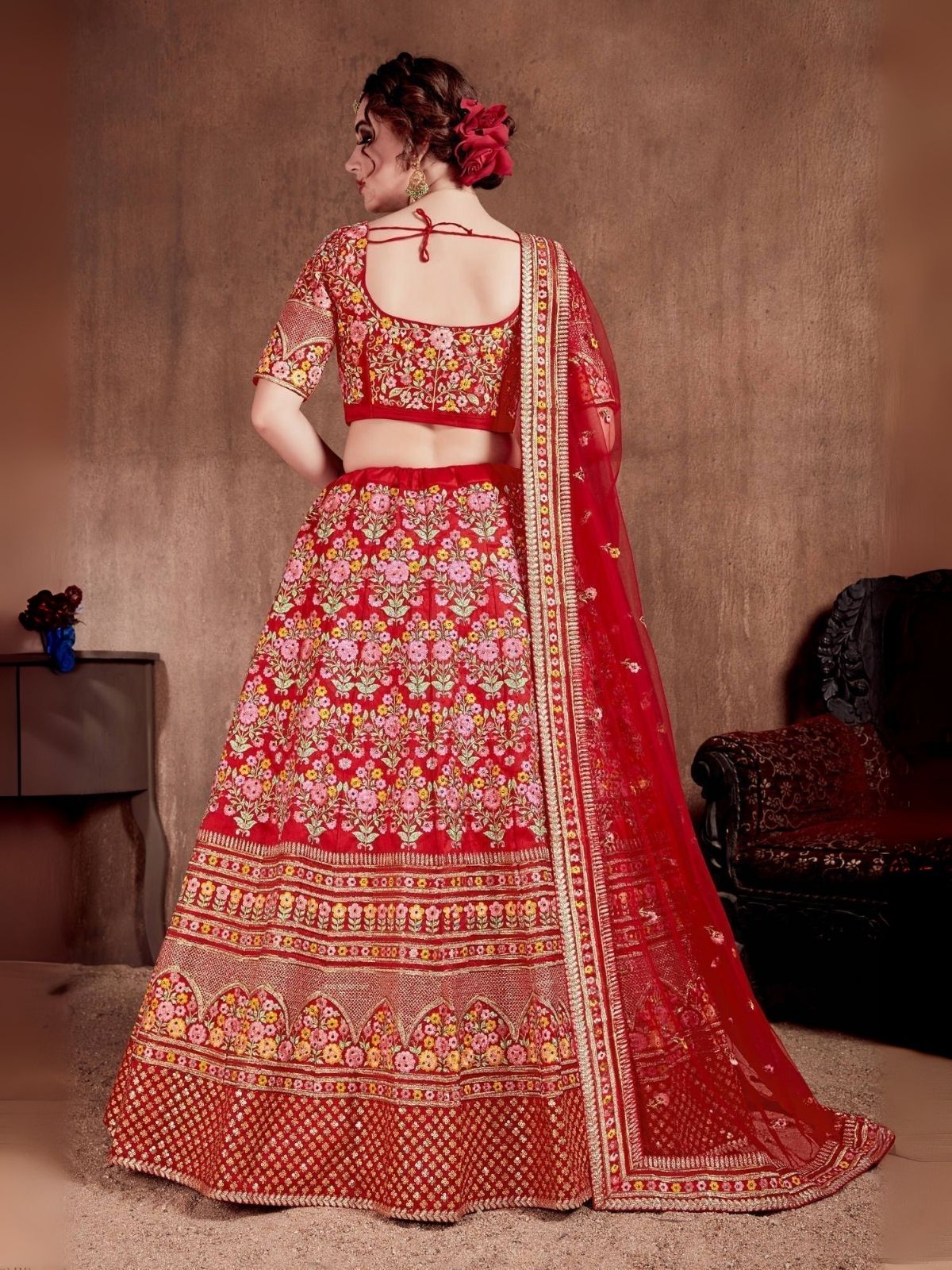 Odette Red Art Silk Embroidered Semi-Stitched lehenga For Women