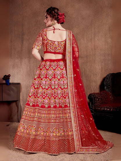 Odette Red Art Silk Embroidered Semi-Stitched lehenga For Women