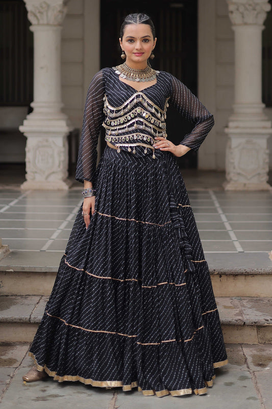 Black Flared Georgette Chaniya Choli with Leheriya Print Work