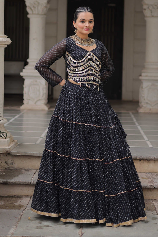 Black Flared Georgette Chaniya Choli with Leheriya Print Work