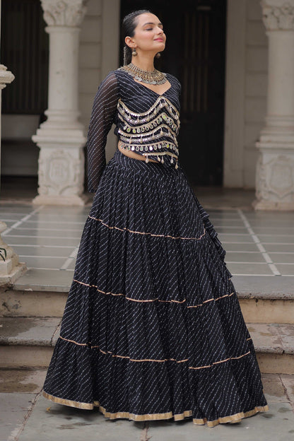 Black Flared Georgette Chaniya Choli with Leheriya Print Work