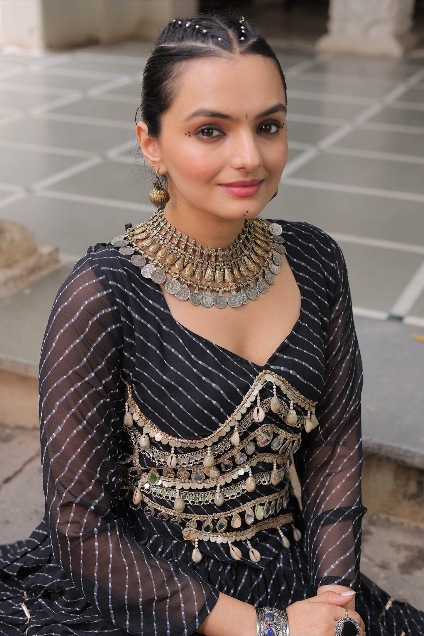 Black Flared Georgette Chaniya Choli with Leheriya Print Work