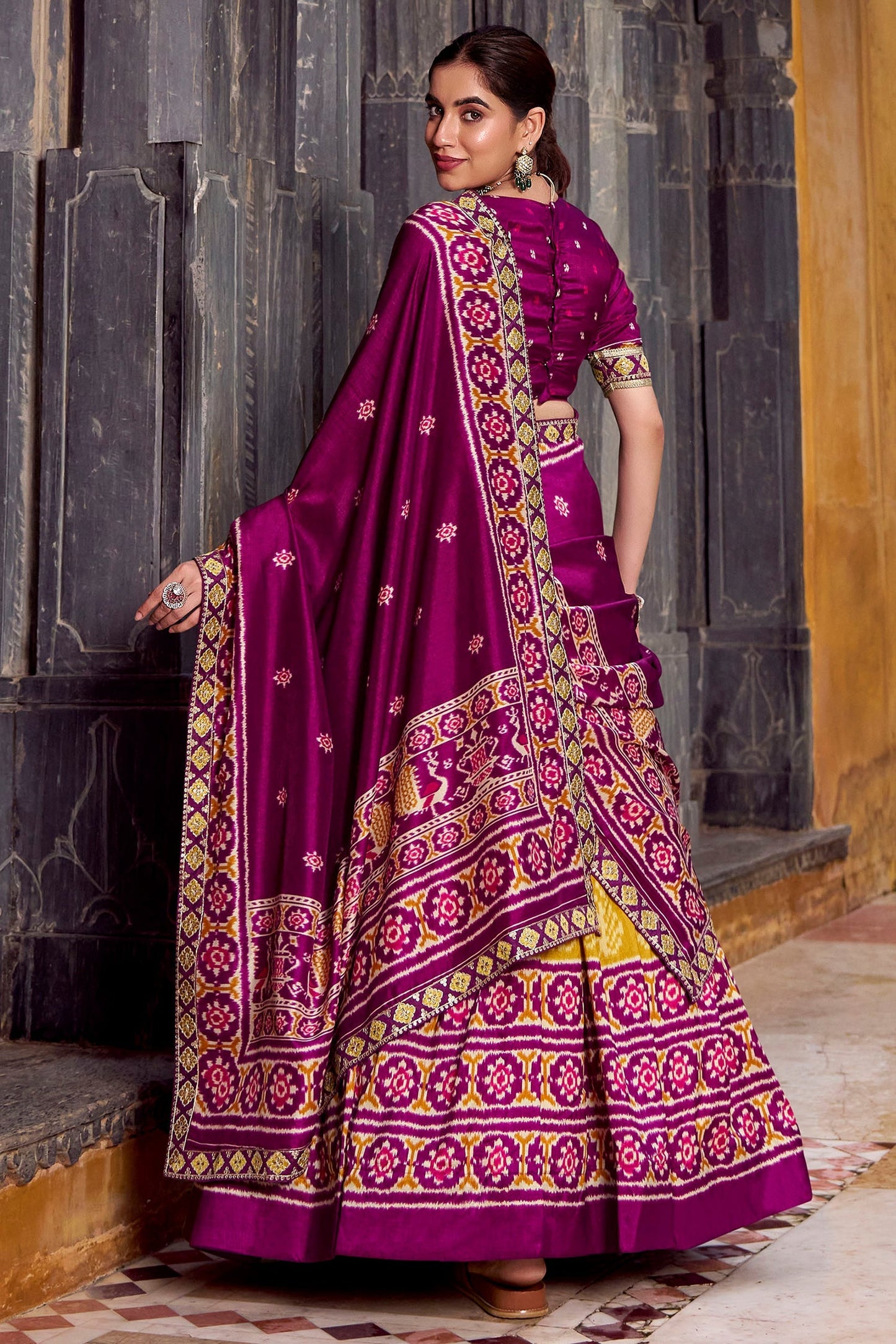 Mustard Tussar Silk Printed Lehenga Choli