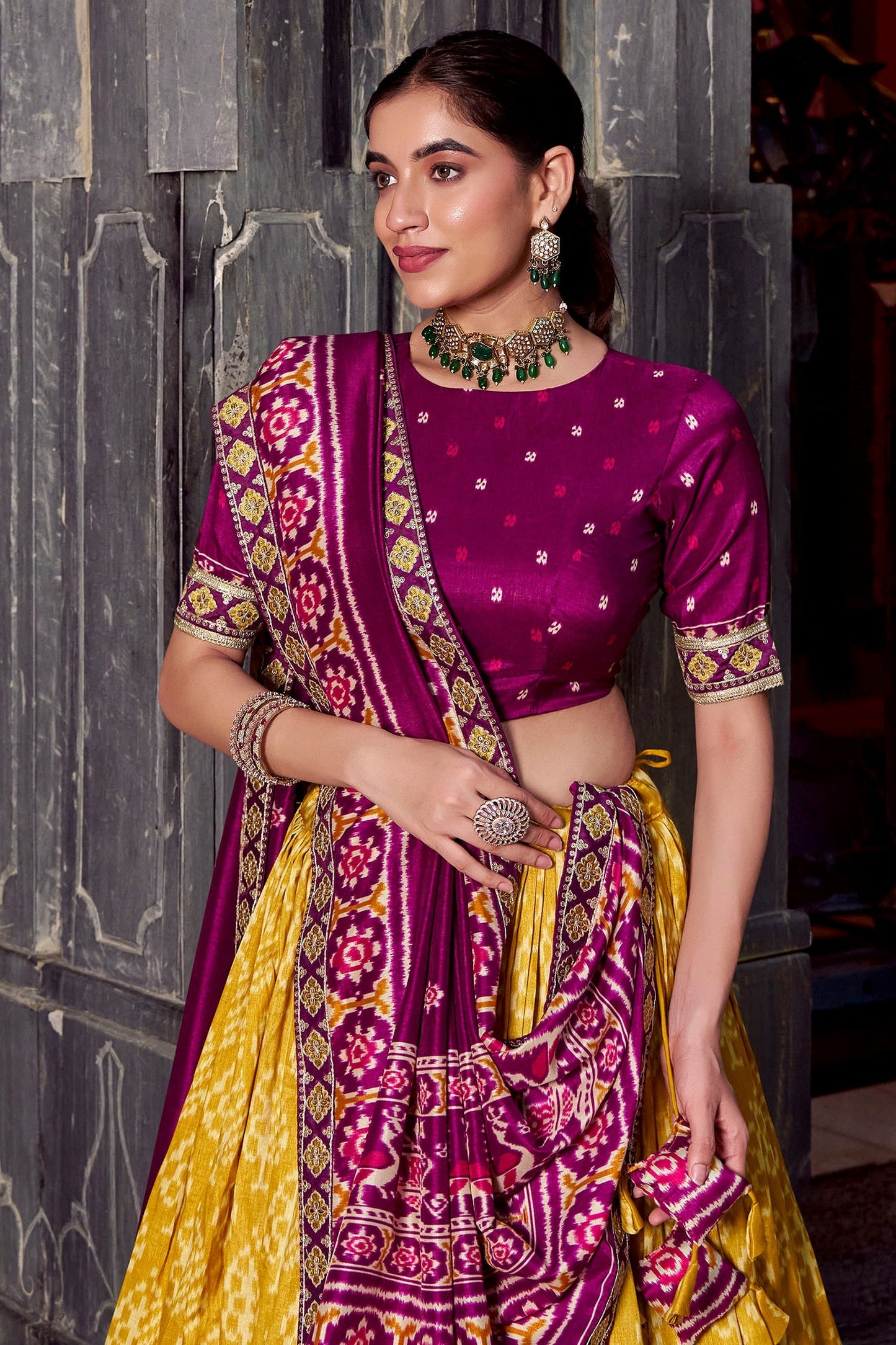 Mustard Tussar Silk Printed Lehenga Choli