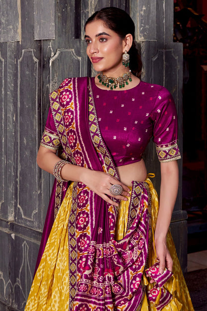 Mustard Tussar Silk Printed Lehenga Choli