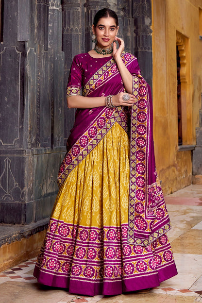 Mustard Tussar Silk Printed Lehenga Choli