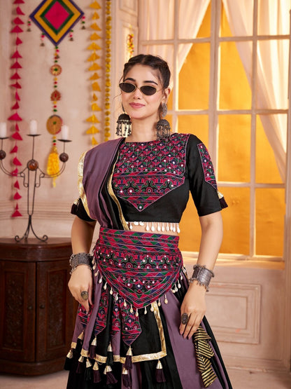 Odette Black And Mauve Cotton Blend Solid With Golden Border Semi-Stitched Lehenga For Women
