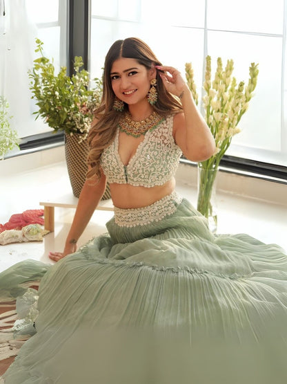 Odette Sea Green Georgette Solid Semi-Stitched Lehenga For Women