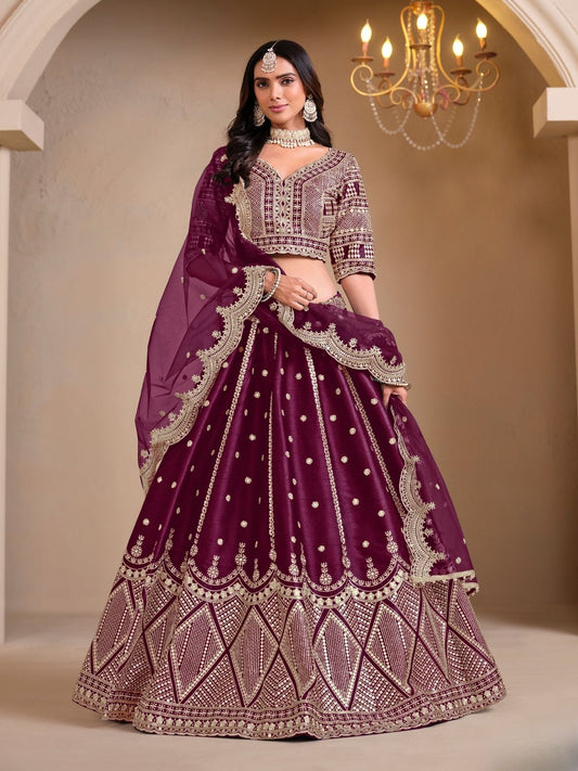 Odette Wine Art Silk Embroidered Semi-Stitched lehenga For Women