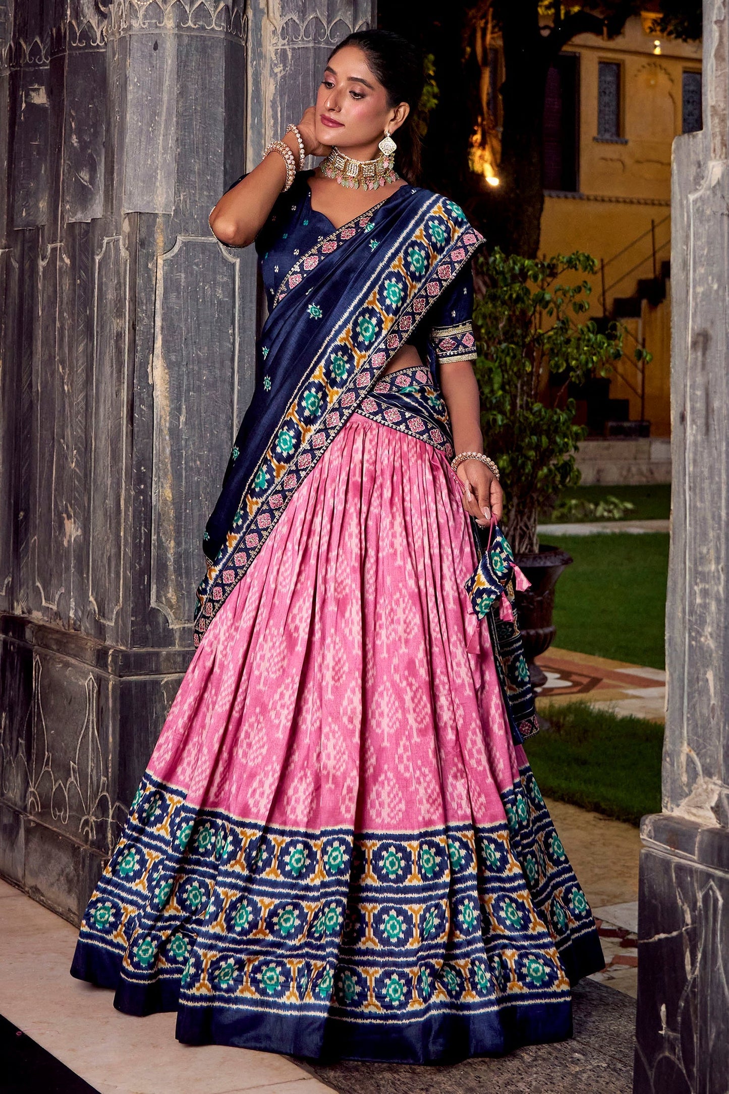 Light Pink Tussar Silk Printed Lehenga Choli